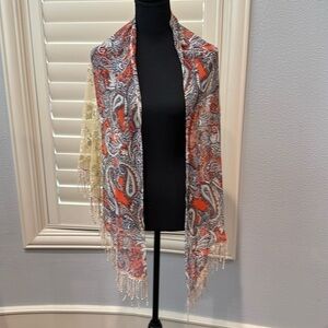 Vintage Silk Chiffon Scarf - cream blue Paisley Scarf, fringe embroidered Hem